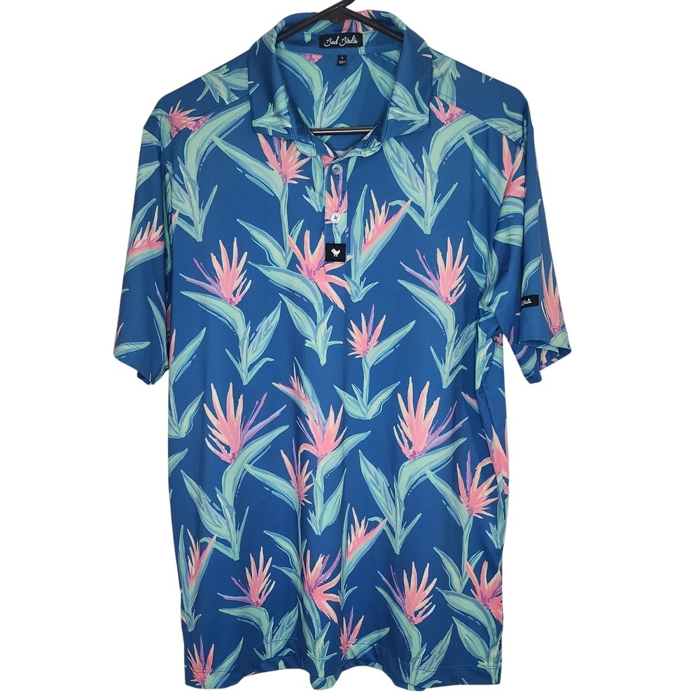 Bad Birdie Mens Blue Bird of Paradise Floral Performance Golf Polo Shirt Size L
